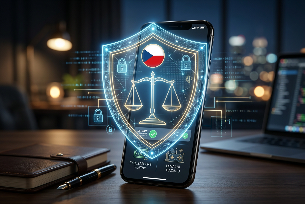 Abstraktní vizualizace digitální bezpečnosti a českého herního zákona v mobilním prostředí