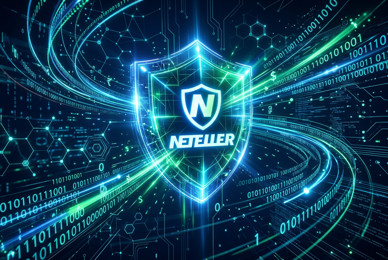 Abstraktní vizualizace digitální peněženky s vysokým zabezpečením a logem Neteller