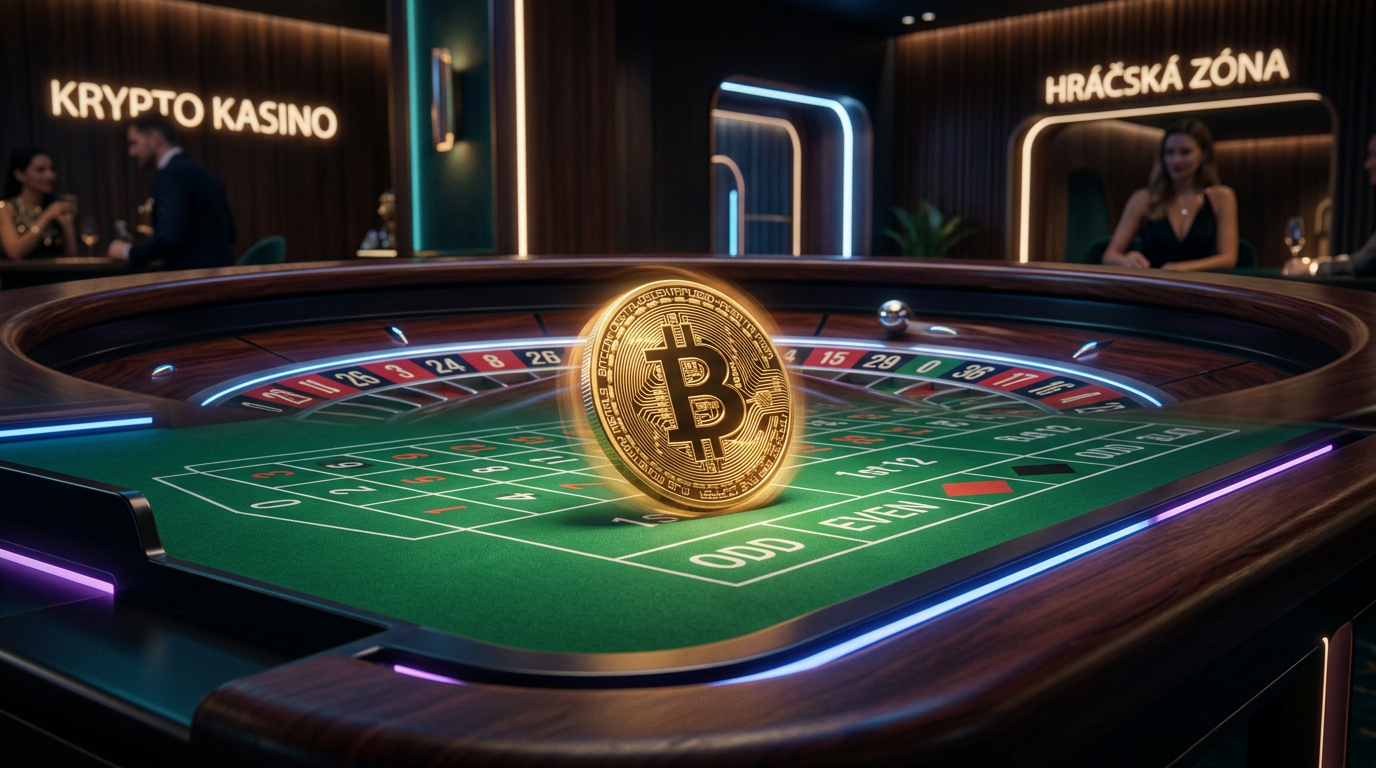 Detail zlaté Bitcoin mince na ruletovém stole ve futuristickém krypto kasinu