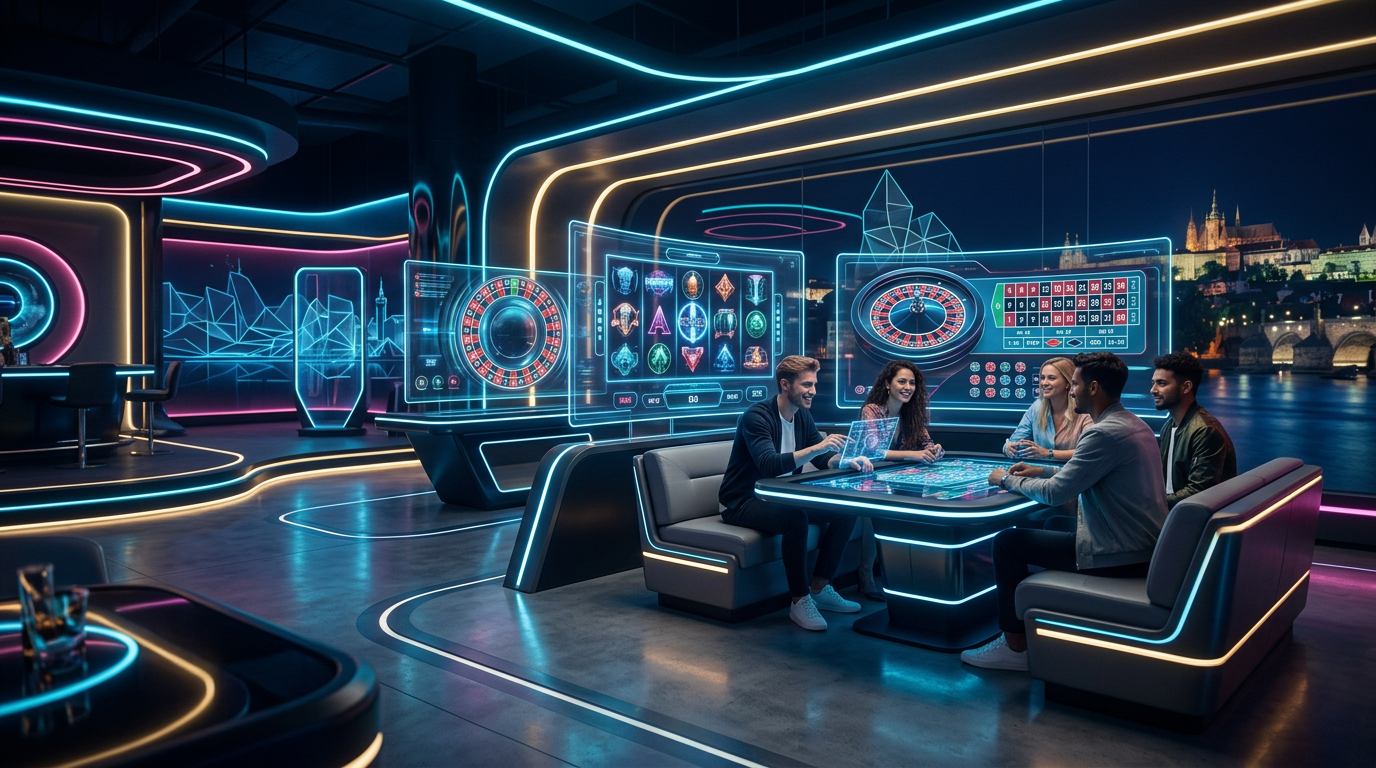Futuristické prostředí online kasina v roce 2026 s technologickými prvky.