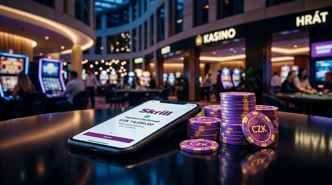 Skrill digitální peněženka a kasino žetony na moderním pozadí