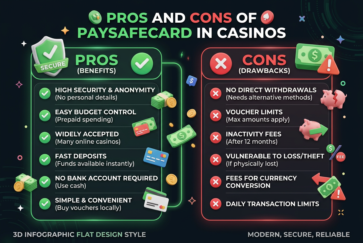 Infografika výhod a nevýhod Paysafecard v online casinu